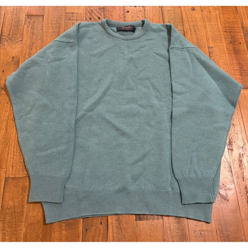 Pringle of Scotland Mens Large Teal Pure New Wool Crewneck Sweater Made Scotland - Picture 2 of 10